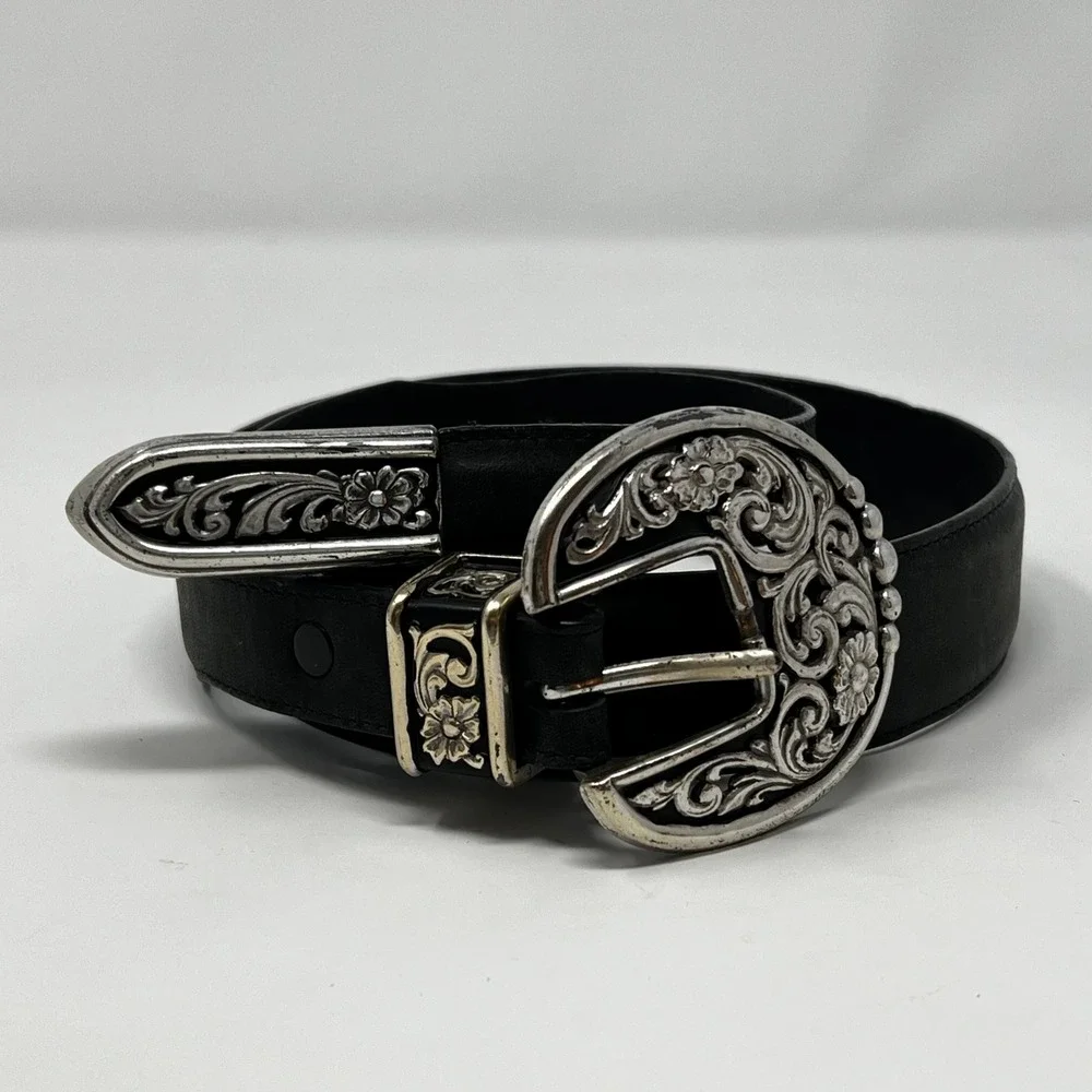 Vintage Justin Black Leather Western Belt Floral Silver Buckle 28 540BK Made USA - Picture 1 of 5